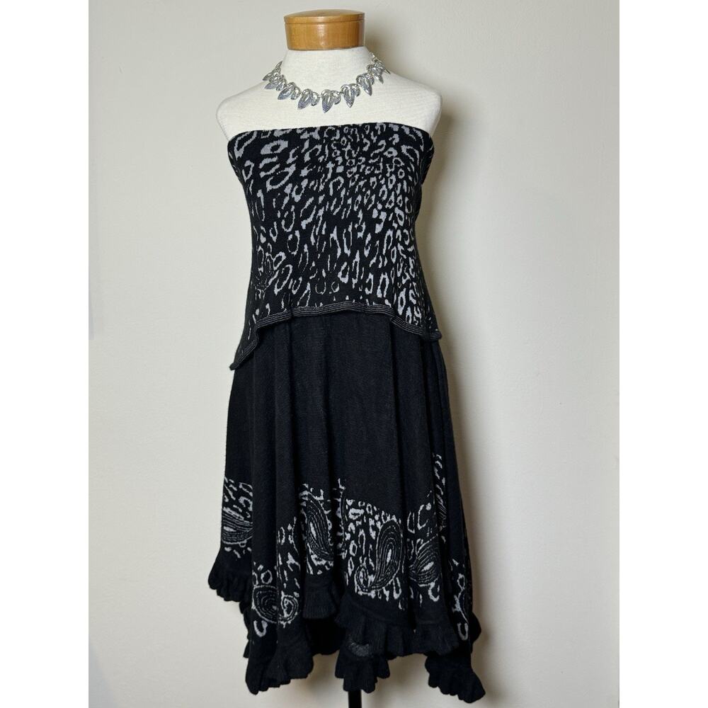 Janice Boho Strapless Lightweight Sweater Dress Leopard Paisley Black White O/S